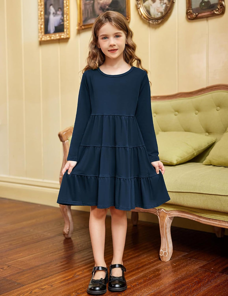 Girl Long Sleeve Dress Tiered Ruffle Swing Tunic Shirt Dress