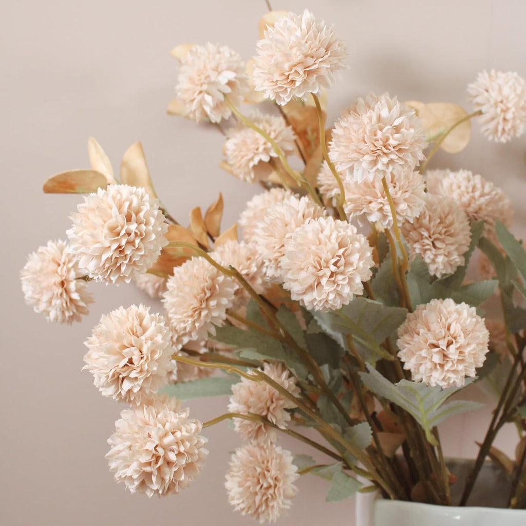 Artificial Flowers for Vase - 12 Stems Beige Faux Silk Mums with Eucalyptus - Set of 12
