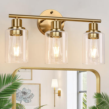 3-Light Gold Bathroom Light Fixtures, Modern Bathroom Vanity Light with Clear Glass Shade, Brushed Gold Bath Wall
