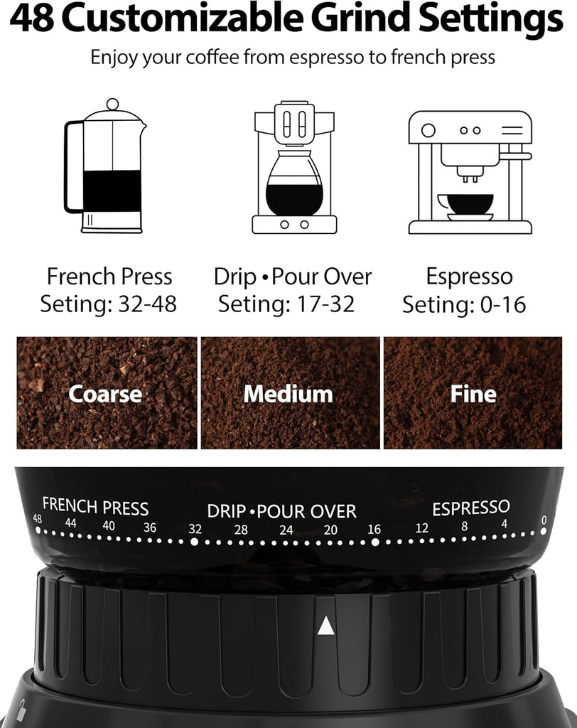 Conical Coffee Bean Grinder, 48 Settings, Anti-Static, Sliver | Stainless Steel, 40S Adjustable Timer, Removable