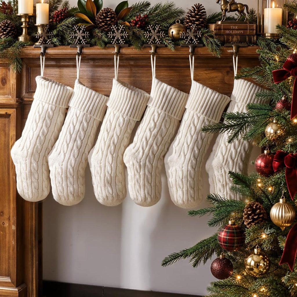 18 Inch Christmas Stockings, Set of 6 Classic Cream White Cable Knitted Stockings with Velvet Ribbon Loop Bows
