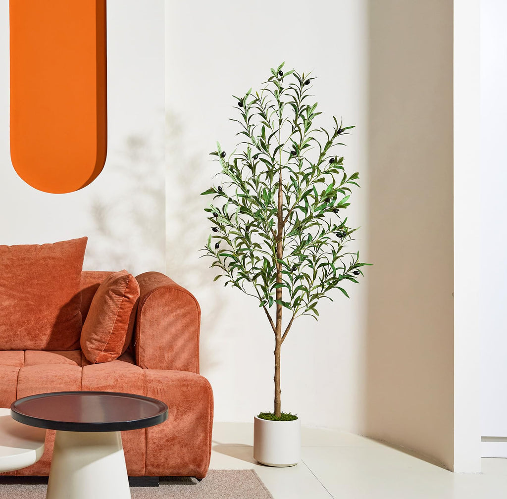 Artificial Olive Tree 5FT - Lifelike Faux Plants Indoor, Modern Fake Trees with Silk Leaves & White Planter, Fake