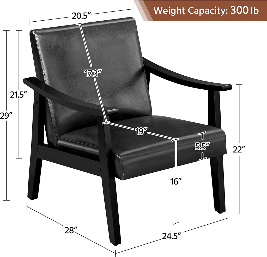 Accent Chairs, Mid-Century Faux Leather Armchairs, Black - Set of 2