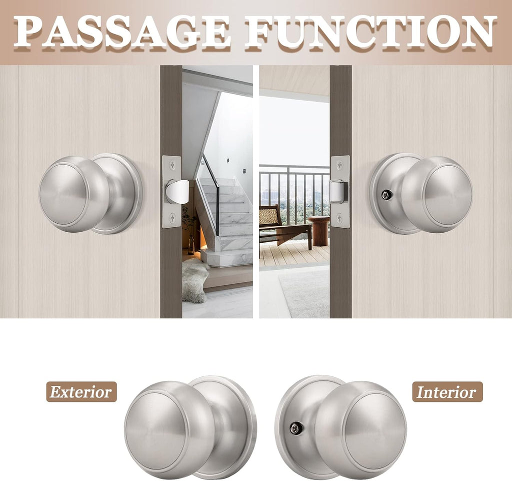 2 Pack Round Passage Door Knob (Non-Locking Knobs), Keyless Door Knobs Interior/Exterior Door Lockset, Passage Knobs