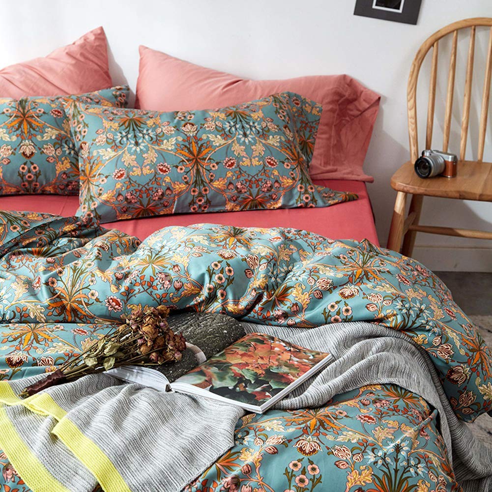 Green Gold Duvet Cover Queen, Medallion Paisley Print Bedding Set 400 Thread Count Percale Cotton Vibrant Bohemian
