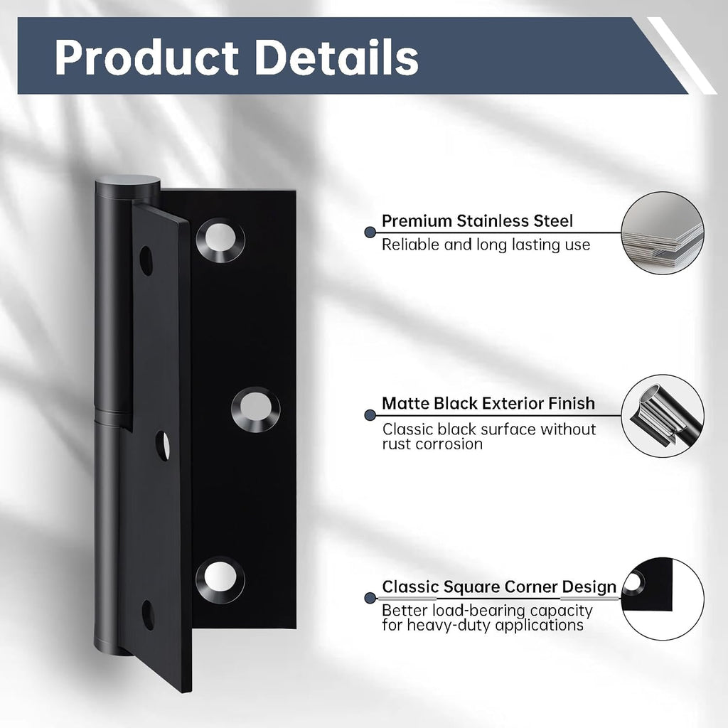 6 Pack Door Hinges Black Matte 3.5in x 2.5in Stainless Steel Door Hinge with Square Corner
