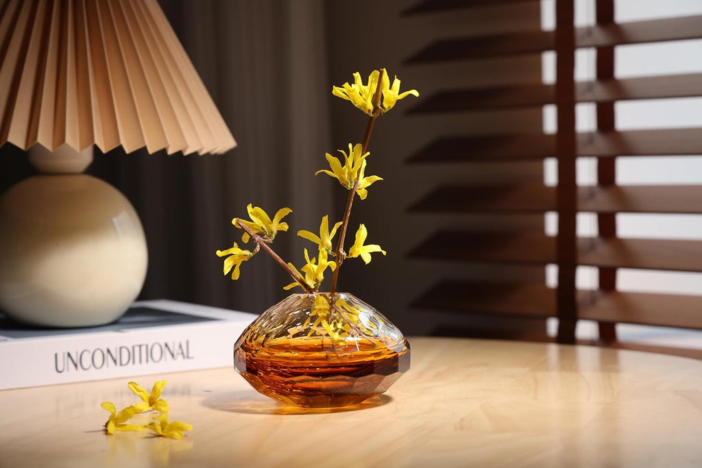 Hand Blown Glass vase - Elegant Bud vases for Console Table Decor, Muti-Faceted,Beautiful Blown Glass Decor &
