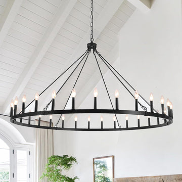 Inspired Camino Style Chandelier - Black Extra Large Wagon Wheel Chandelier, 60 inch 30 Lights Farmhouse Chandelier, Industrial Candle Round Pendant Light Fixture for High Ceiling Living Room Dining Room Entryway A105-B0CXXPC72R