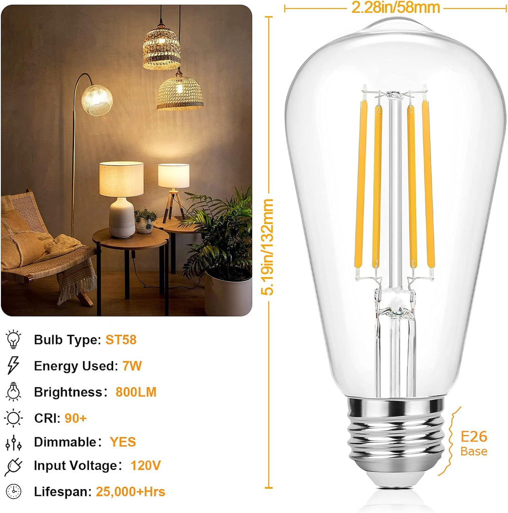 E26 LED Edsion Bulbs 60 Watt, Vintage Dimmable Light Bulbs, 3000K
