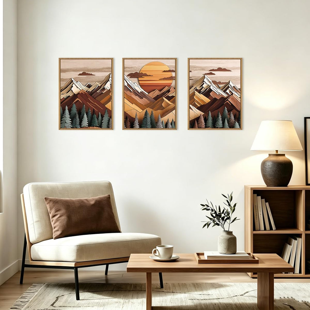 Woodcut Style Mountain Framed Canvas Wall Art Set,Wooden Pine Tree Wall Decor,Vintage Forest Landscape Art
