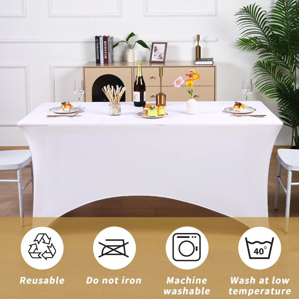 3 Pack 6FT White Tablecloth Rectangle Spandex Fitted Table Cover