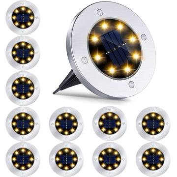 12 Pack 8LED Solar Garden Lights Outdoor Waterproof Sidewalk Disk Bright In-Ground Landscape Lighting for Lawn Patio