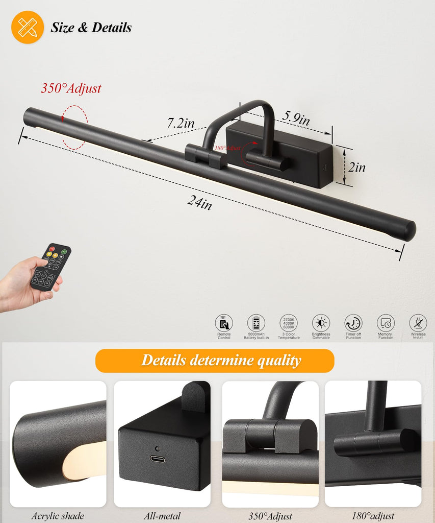 24" Battery Operated Picture Light for Wall,Remote Control