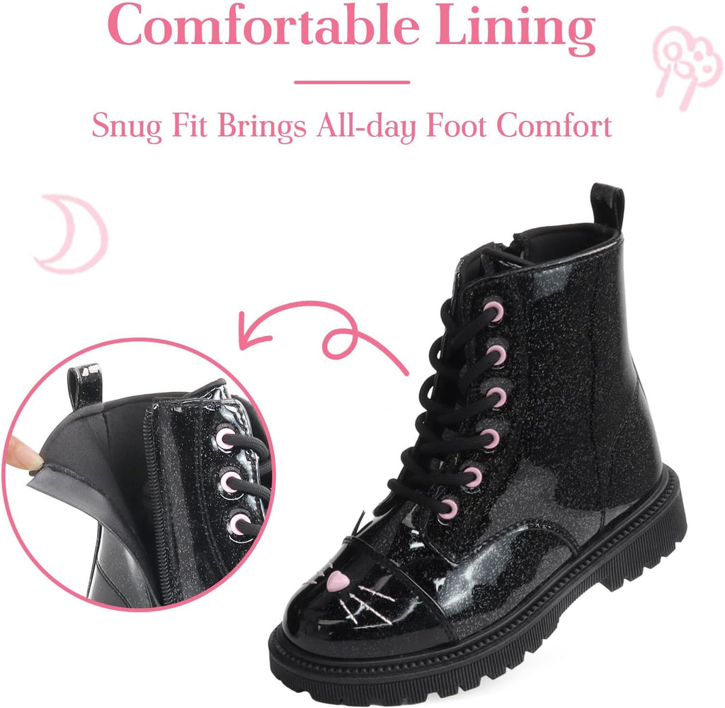Girls Black Glitter Combat Ankle Boots with Zippers & Laces