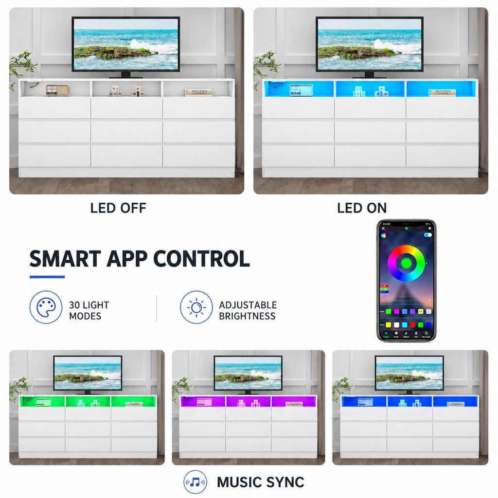 9 Drawer White Dresser with Charging Station Led Lights