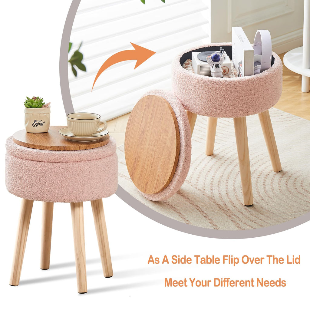 Storage Ottoman Foot Stool Teddy Velvet Round Vanity Stool Tray Top Footstool with Wood Legs Upholstered Foot Rest