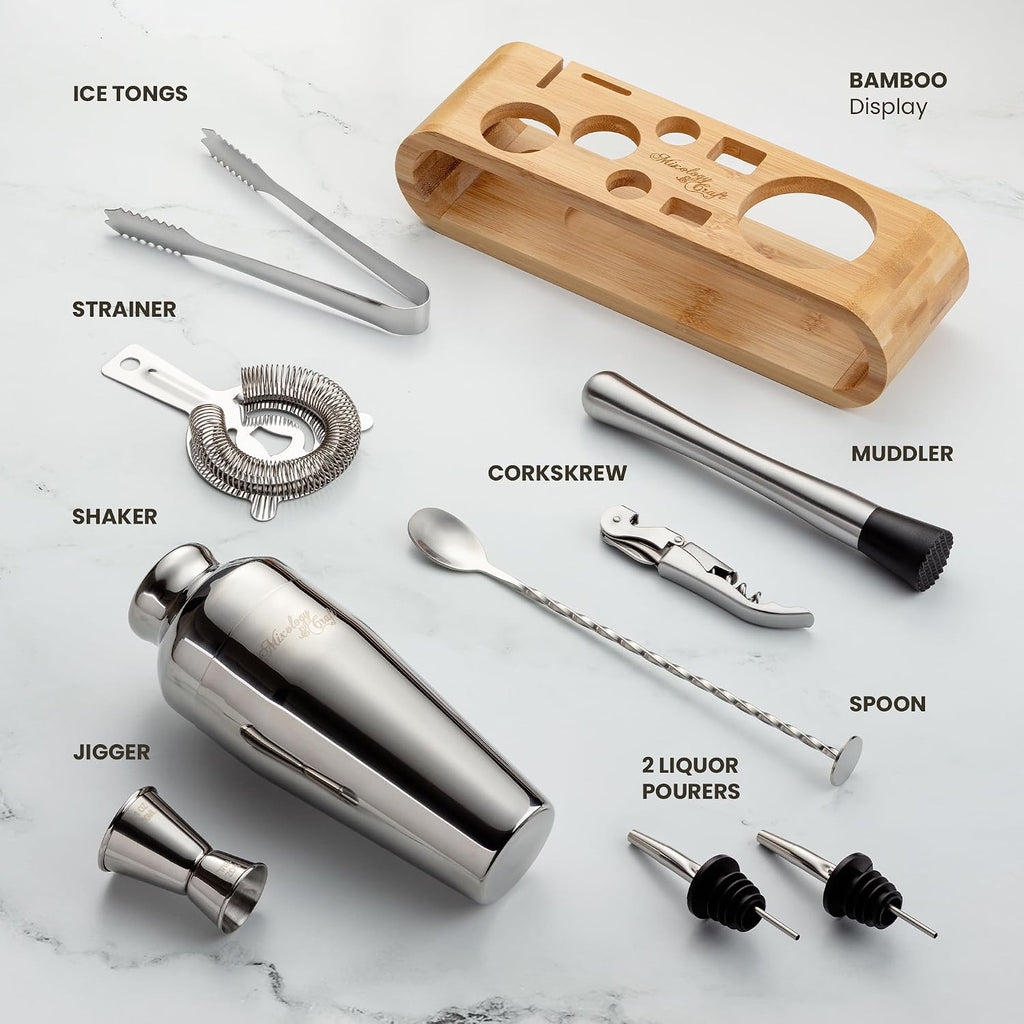 Cocktail Shaker Set with Bamboo Stand - Professional10-Piece Bartender Kit, Complete Bar Set Use with Jigger - Set of 10
