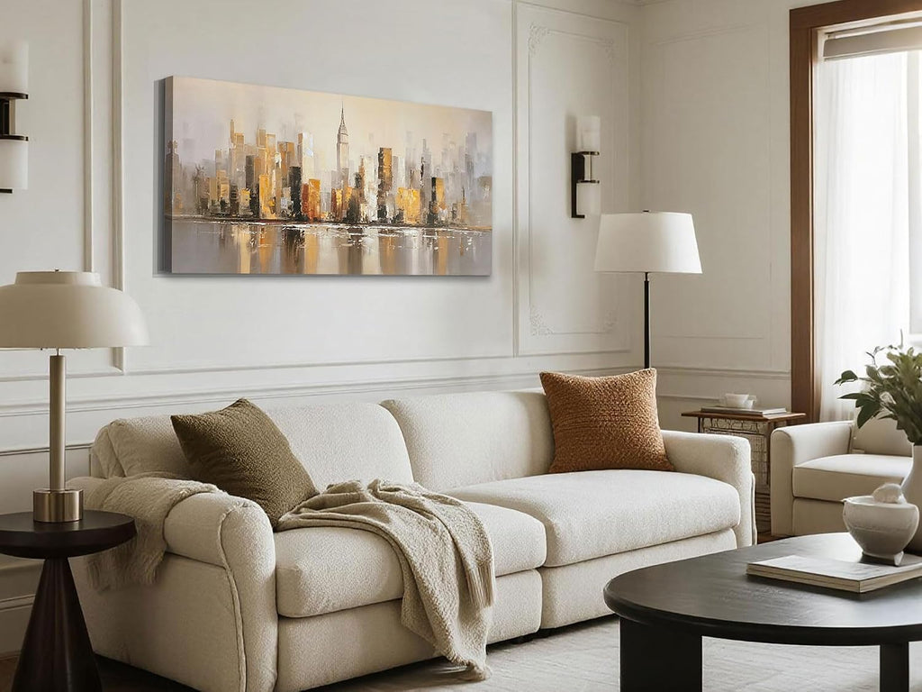 Abstract Cityscape Canvas Wall Art - Modern New York Skyline Painting Warm Accents, NYC Picture Large Framed Artwork