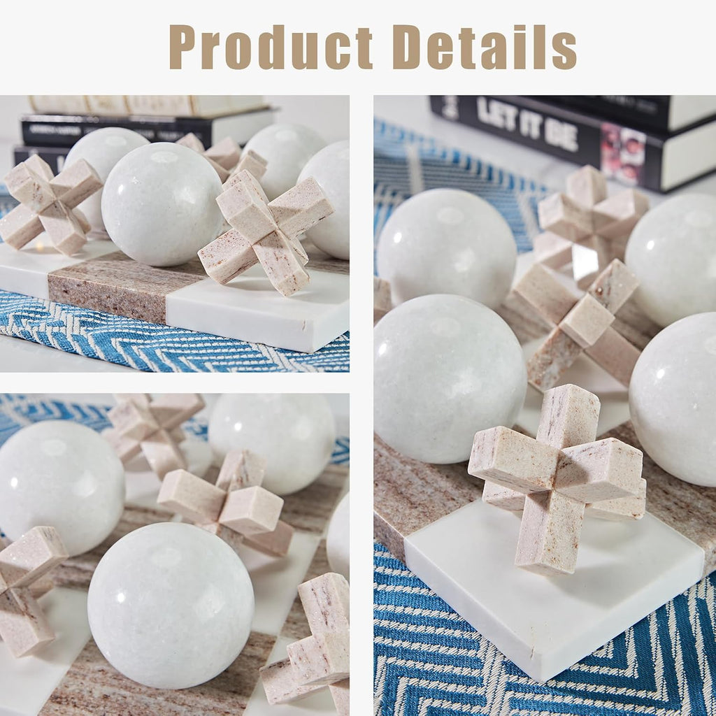Marble Tic Tac Toe Game Set - Natural Organic Stone Board with White and Brown XO Pieces, Luxury Decorative X and O
