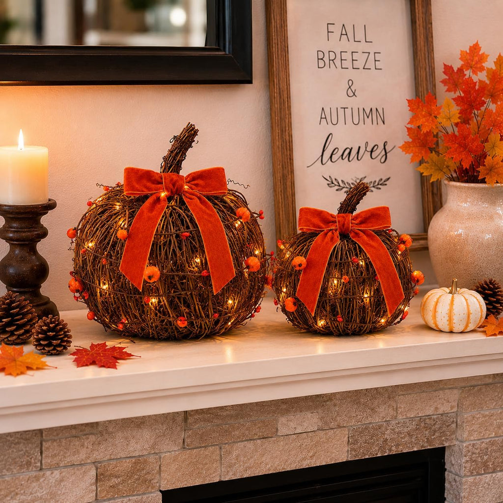 Lighted Fall Pumpkin Decor 2 Pack Rattan Wicker Pumpkins for Table - Set of 2