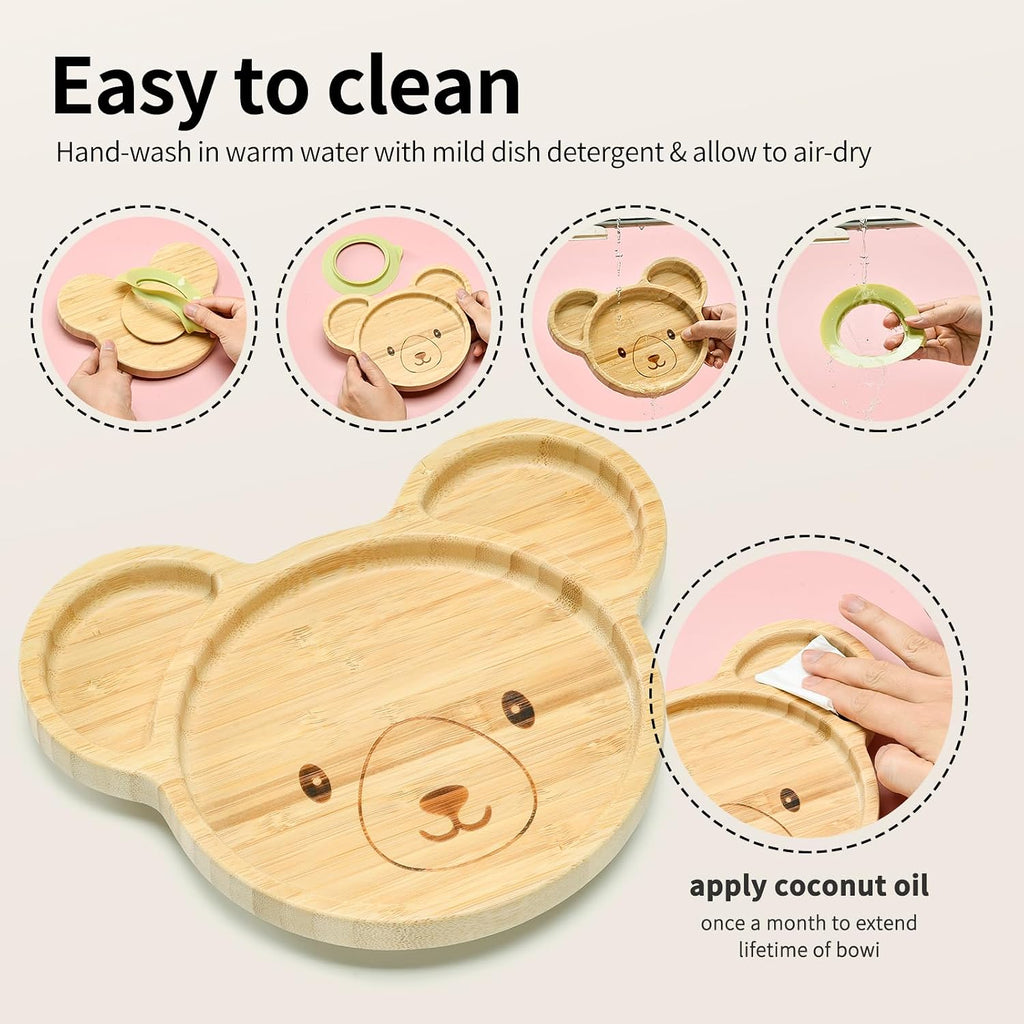 Suction Plates Bowls Setfor Baby Toddler Divided Platter Food bowl with Silicone Fork & Spoon All-Natural Baby