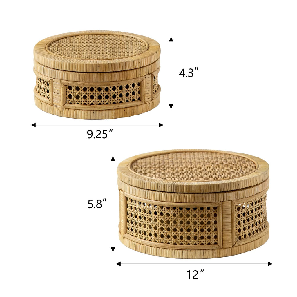 Rattan Decorative Box, Boho Decorative Boxes with Lids, Set of 2 Round Farmhouse Wicker Storage Box, Natural Woven