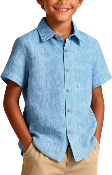 Boy Button Down Chambray Shirts Short Sleeve Linen Shirt