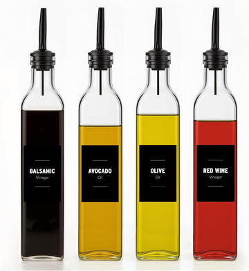 Olive Oil & Vinegar Dispenser Bottle Set with Stainless Steel Pourer, Funnel & Labels - Glass Kitchen Oil Cruet - Set of 4