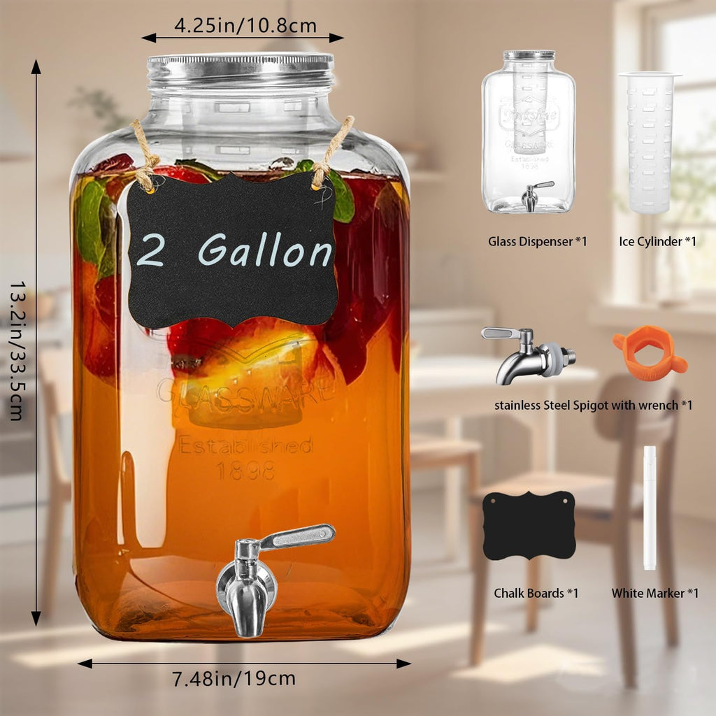 2 Gallon Glass Drink Dispenser with Stainless Steel Spigot,1 Pack Water Lemonade Dispensers for Parties