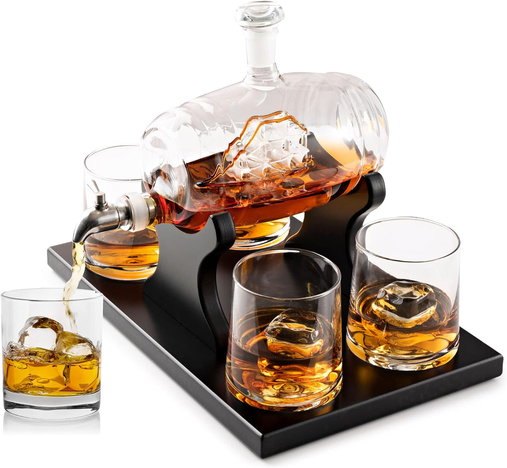 Whiskey Decanter Barrel Set - 1000ml Liquor Dispenser - 4 Glasses - Ship in a Bottle Bar Gifts - Set of 6