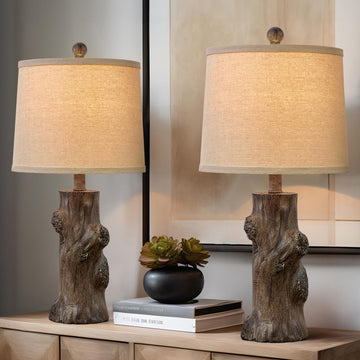23"Resin Table Lamps Set of 2 Country Cottage Farmhouse Lamp Tree Trunk Wood Grain with Oatmeal Fabric Round Shade
