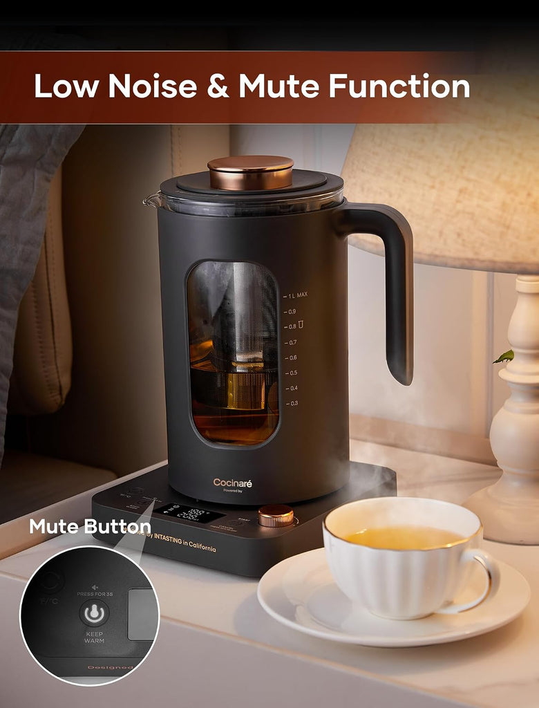 Electric Tea Kettle with Infuser, 1°F Temperature Control, 1 Liter | 1200W Fast Heating, BPA-Free Glass, Easy to