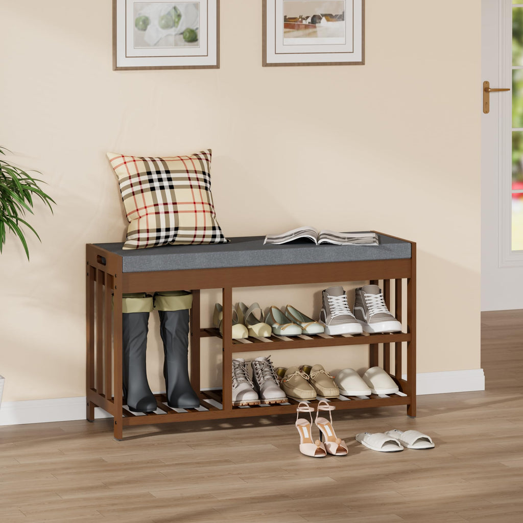 Shoe Rack Bench, Bamboo Shoe Storage Bench with Cushion
