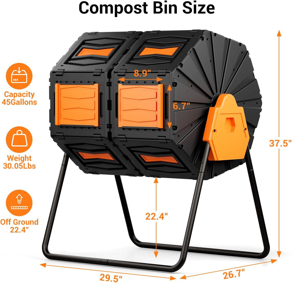 Compost Tumbler, Easy Assemble & Efficient Outdoor Compost Bin, 45 Gallon/170 Liter Large Dual Chamber Rotating