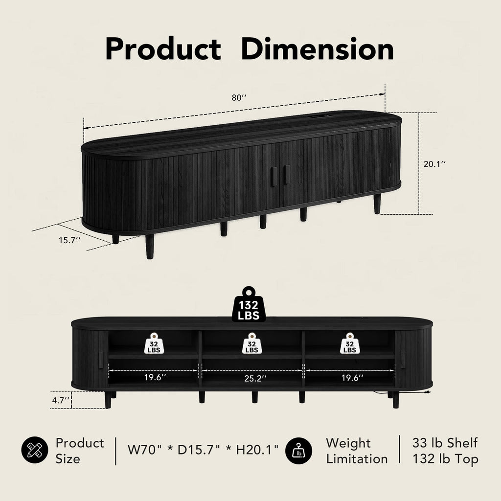 80" TV Stand with Sliding Doors, Mid Century Modern Entertainment Center, TV Console with Fluted Door Cabinets and