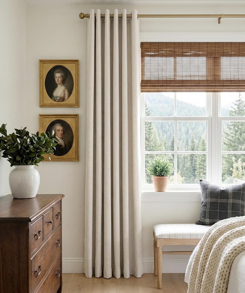 Linen Textured Total Blackout Curtains for Bedroom 84 Inches Long, Beige Grommet Curtains, Thermal Insulated Room