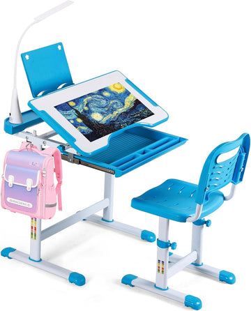 Kids Study Desk and Chair Set, Height Adjustable Children's Desk with LED Lamp, Tilting Desktop, Pull-Out Drawer