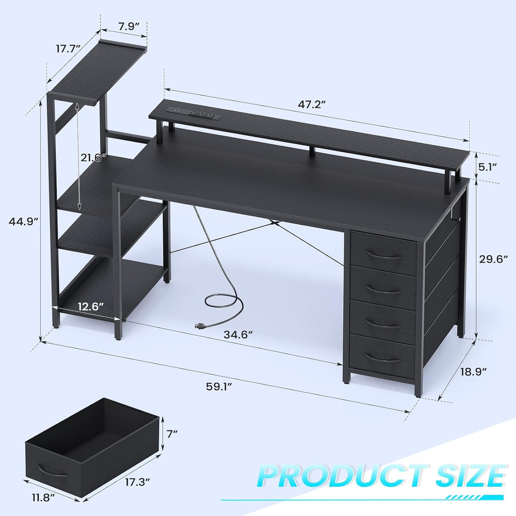 59in Gaming Computer Desk with Drawers & Power Outlet & LED Lights, Black | Gaming Table, Escritorio Gamer
