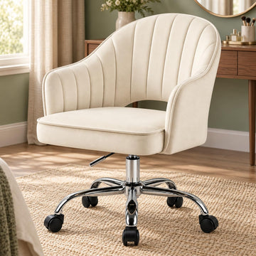 Modern Vanity Chair with Wheels, Mid-Back Cutout Velvet Home Office Chair, Swivel Height-Adjustable Soft Seat Cute