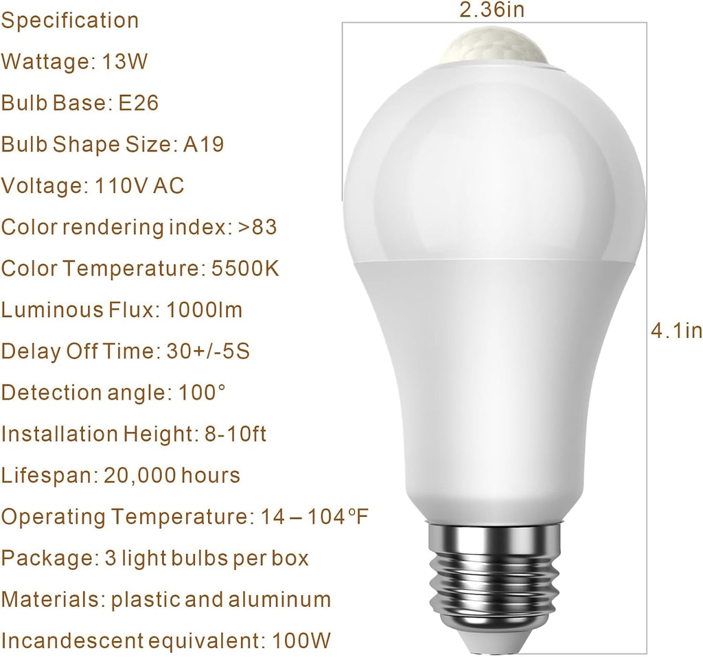 Motion Sensor Light Bulbs, 13W (100Watt Equivalent), Motion Activated Dusk to Dawn Security LED Bulb, A19 E26 5500K