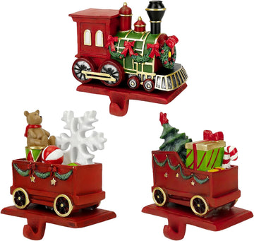 Christmas Train Stocking Holders for Mantle with Hook Set of 3, Red Cast Iron Weighted Stocking Hooks,Heavy Duty