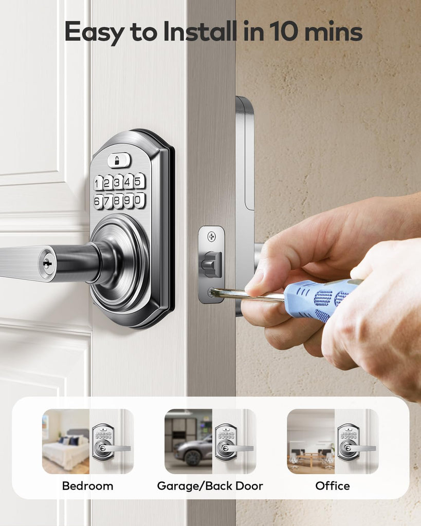 Keyless Entry Door Lock Handle with Keypad, Satin Nickel