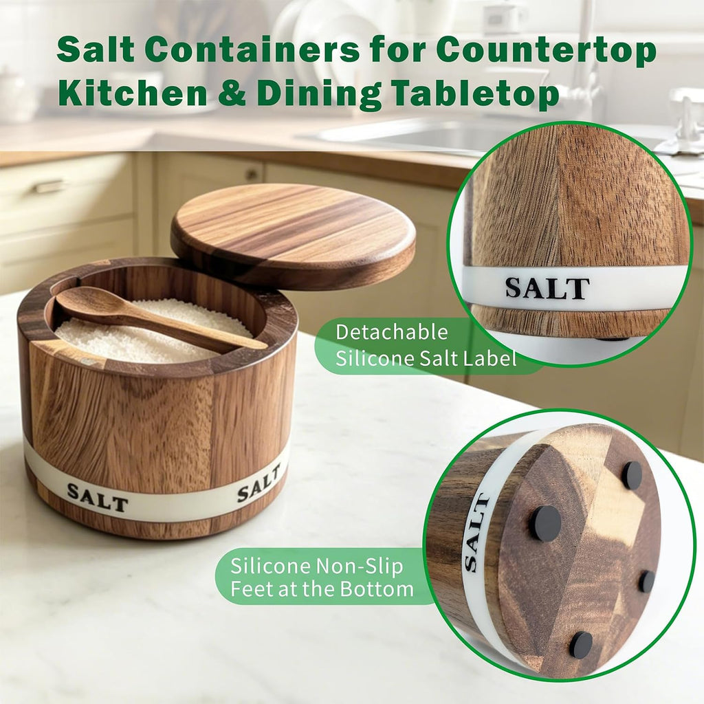 Salt Cellar, Acacia Wood Salt Containers with Lid for Countertop