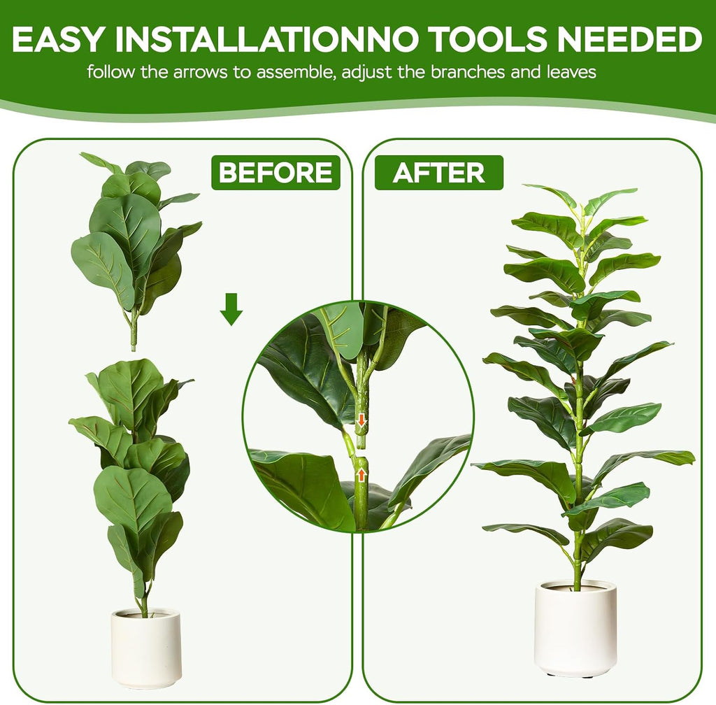Artificial Fiddle Leaf Fig Tree, 35" Faux Ficus Lyrata Plant with Pot, Floor Plant Outdoor Artificial Plant - Set of 2