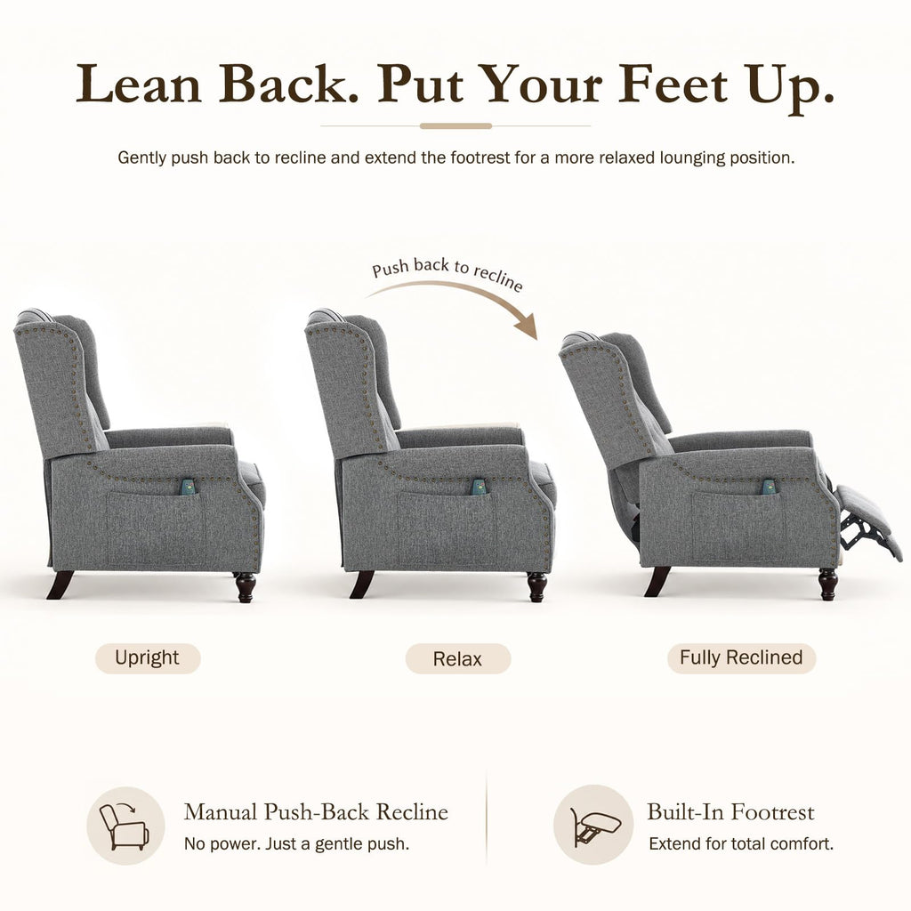 Wingback Recliner, Massage & Heat, Manual Push-Back, Light Gray