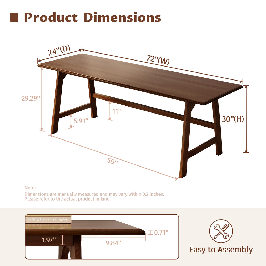 Solid Wood Writing Table - 72"W Minimalist Long Computer Desk, Walnut