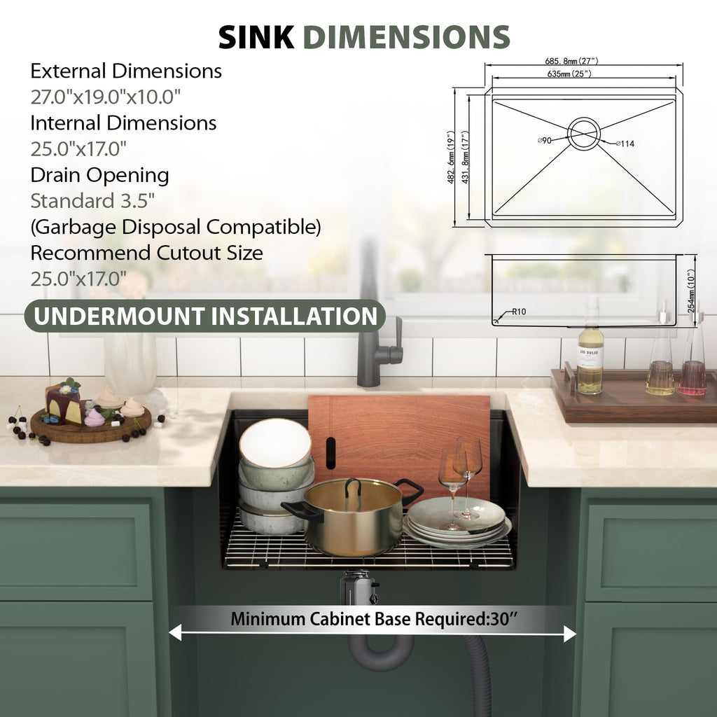 27 Inch Matte Black Undermount Kitchen Sink Workstation