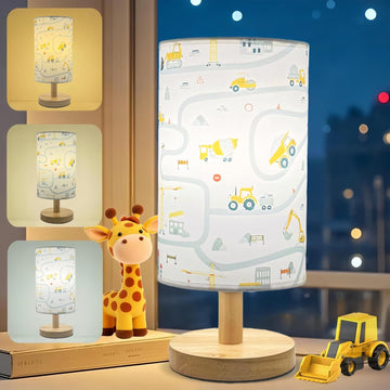 Kids Desk Lamp Boy,Reading Car Lamp, Way Dimmable Bedside Night Light with Cartoon Pattern Printed Shade and Wood