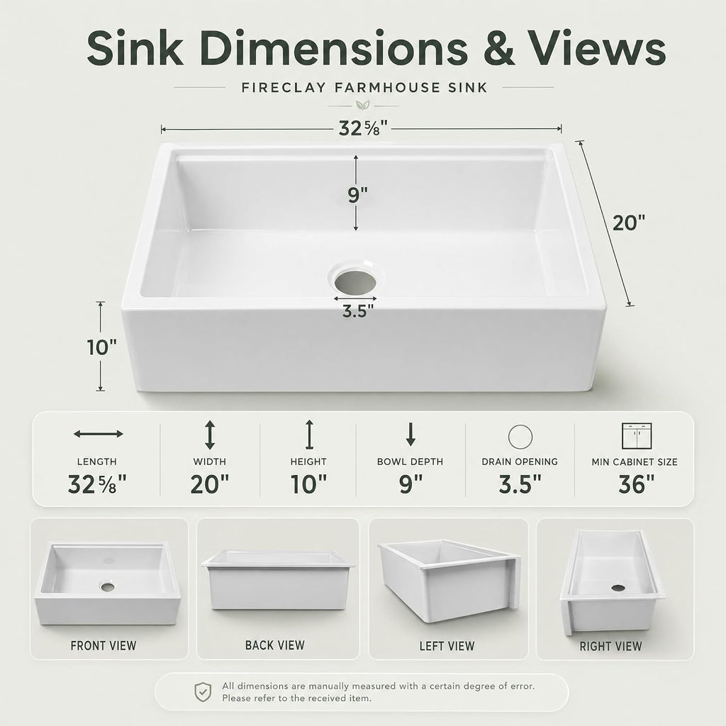 Self Trimming Farmhouse Sink 33 Inch, White Workstation Kitchen Sink | Tall Apron Front 33"x20"x10" Fireclay,Heavy