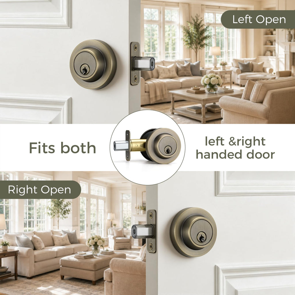 Single Cylinder Round Deadbolt Lock(1 Pack, Antique Brass)